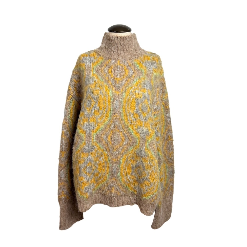 NEW Endless Rose Women Large Tan Yellow Green Medallion Fuzzy Mock Neck Sweater